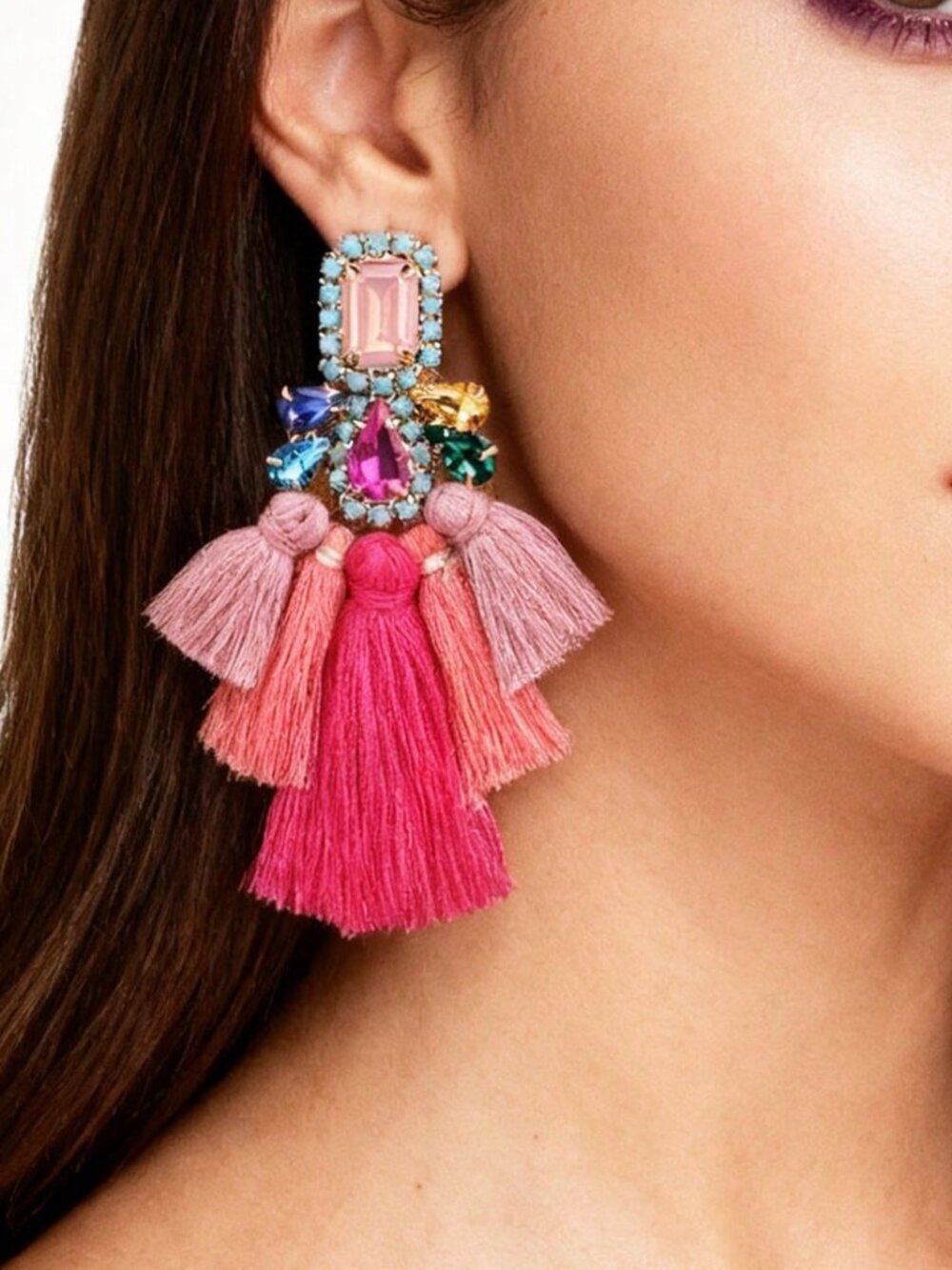 Champagne Bohemian Women's Exaggerated Rhinestone Tassel Dangle Earrings